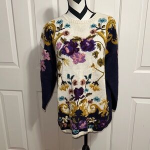 Jennifer Reed Vintage Hand Knit Floral Knit Sweater with Navy Sleeves